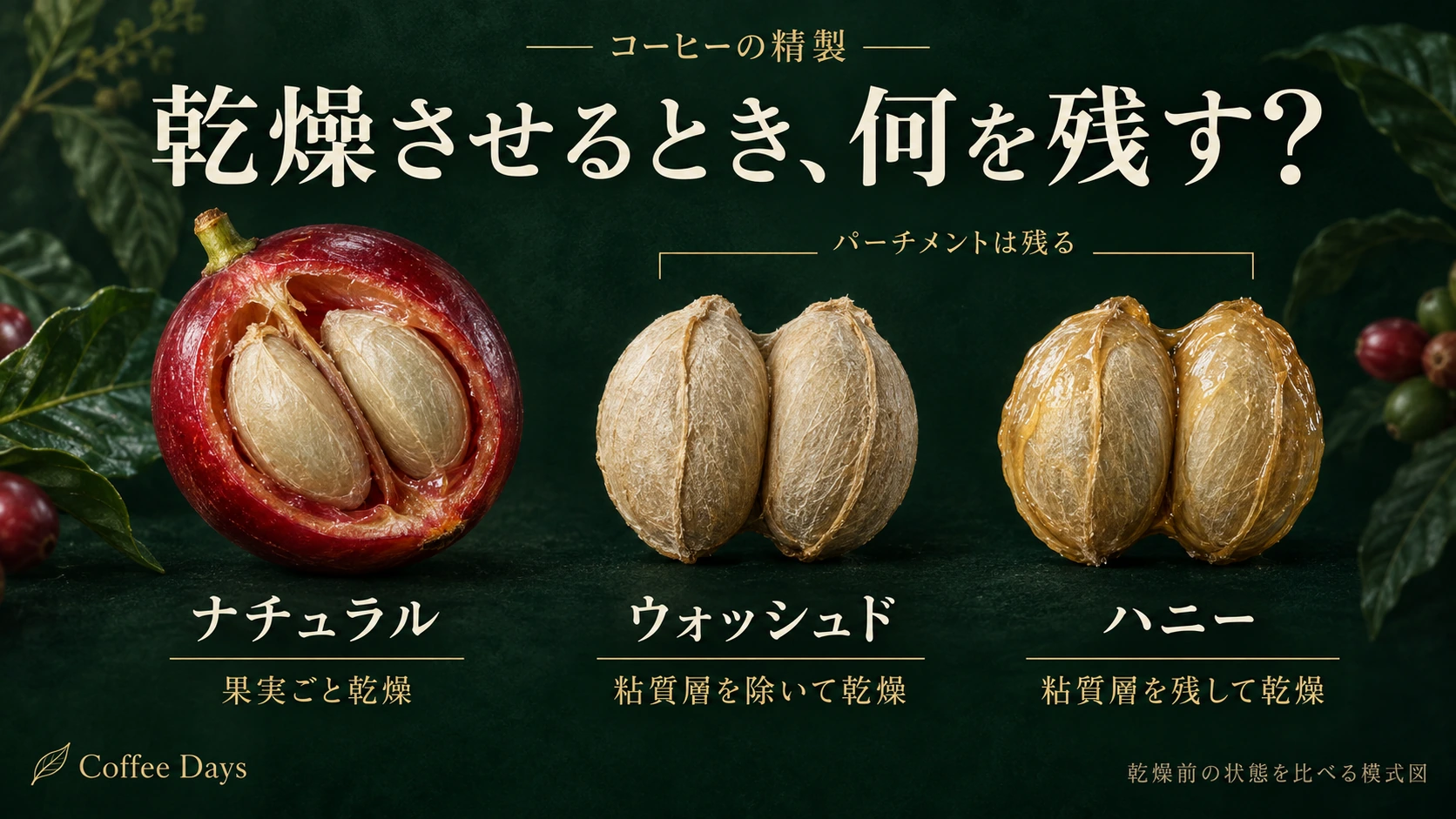 乾燥するときに残る層を、ナチュラル・ウォッシュド・ハニーで比べる模式図