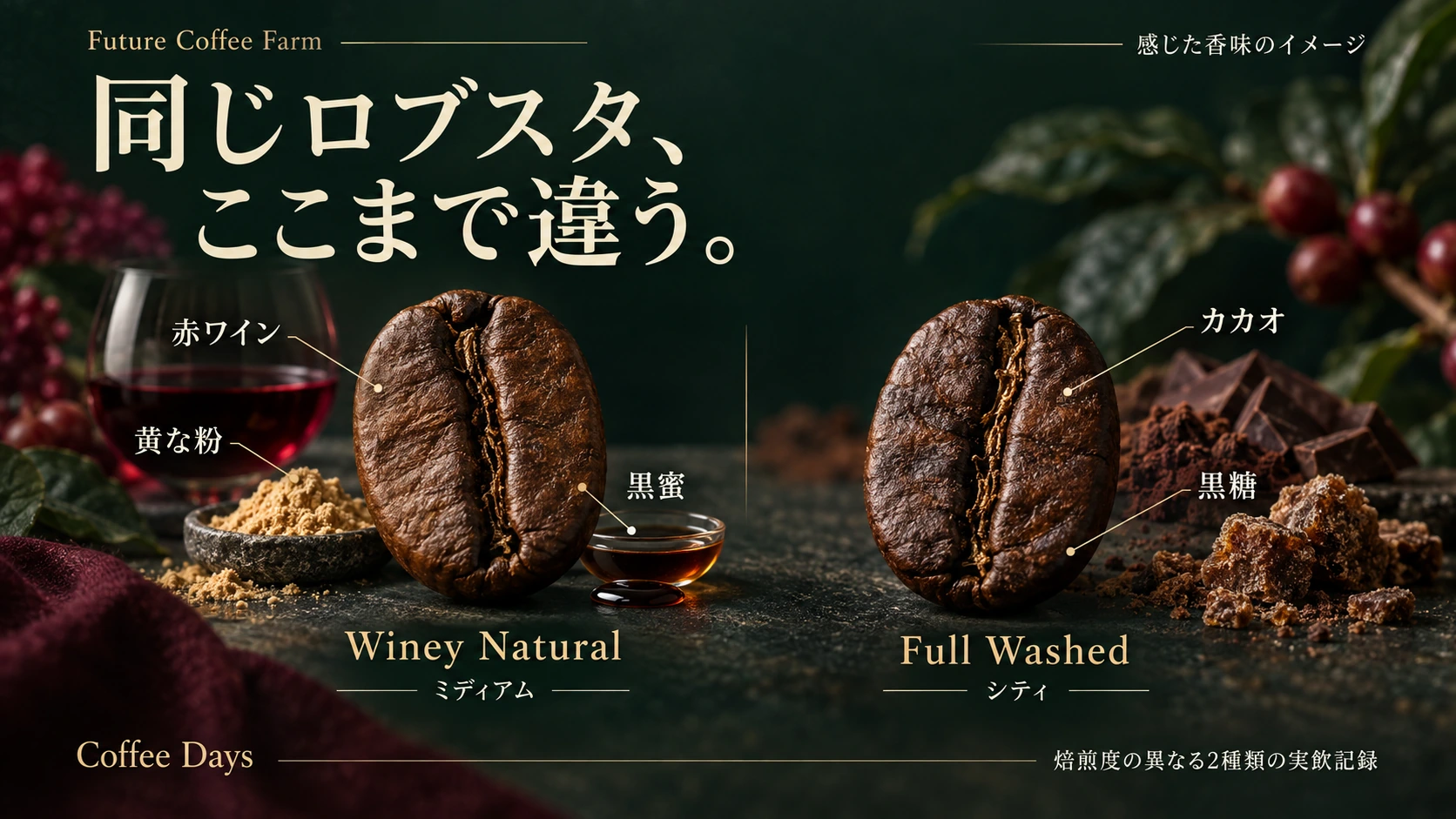 Winey NaturalとFull Washedの香味のイメージを並べたレビューの表紙