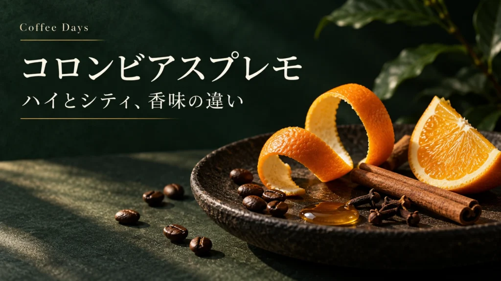 コロンビアスプレモで感じたオレンジやスパイス、はちみつの香味を表すイメージ