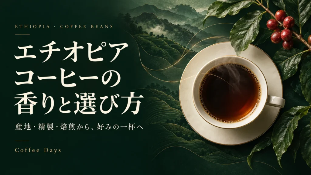 エチオピアコーヒーの香りと選び方。緑の高地を背景にした一杯とコーヒーの枝のイメージ