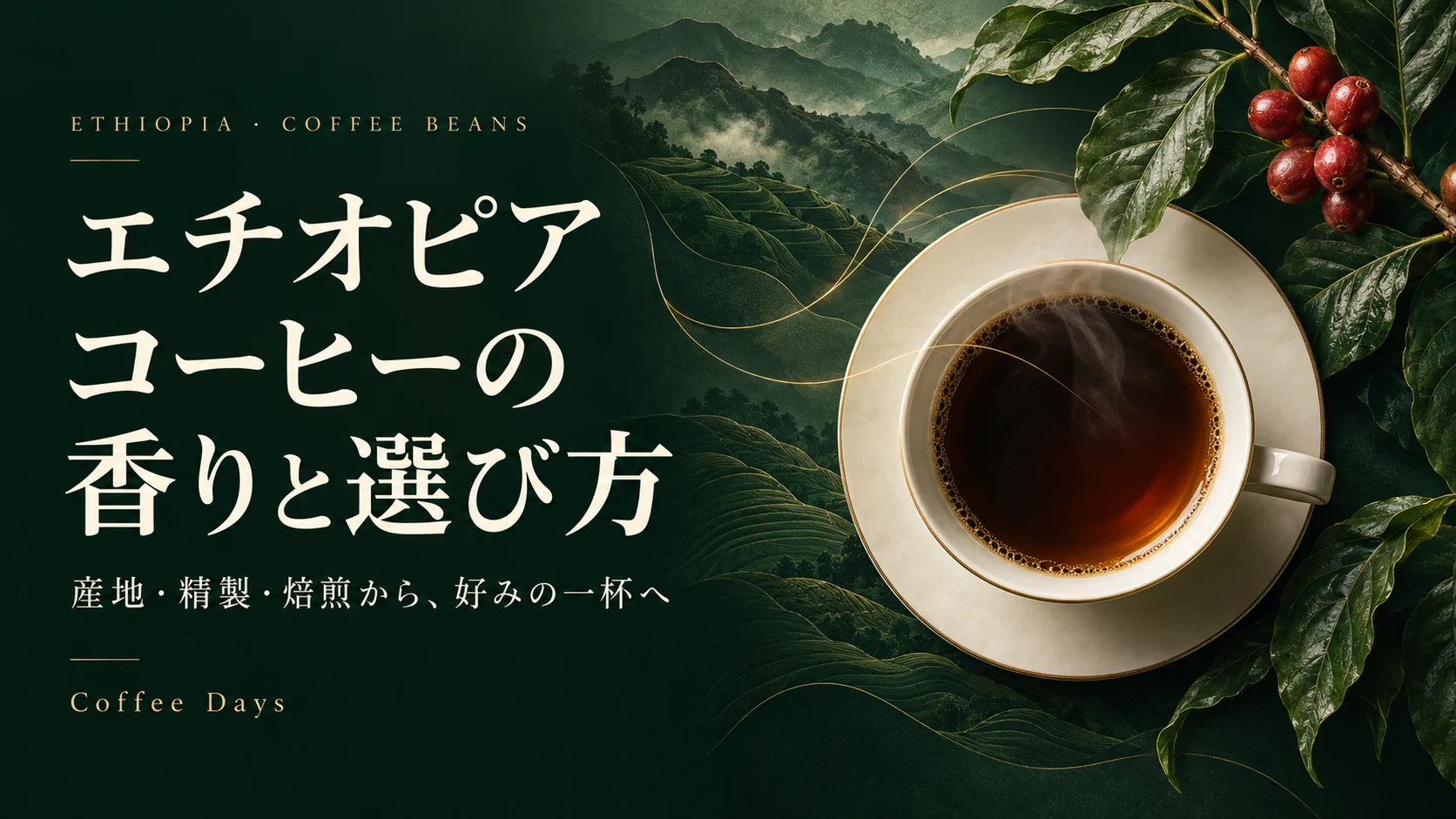 エチオピアコーヒーの香りと選び方。緑の高地を背景にした一杯とコーヒーの枝のイメージ